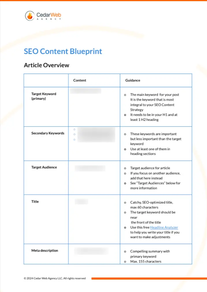 Screenshot of an SEO Content Blueprint