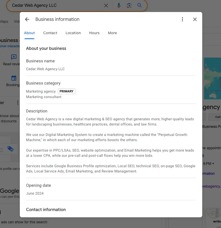 Google Business Profile business information screen