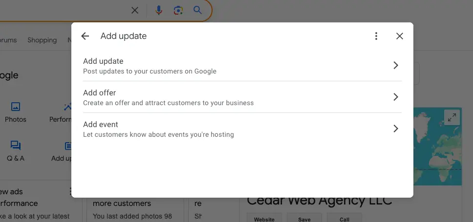 Screenshot of Business Profile updates, offers, and events screen