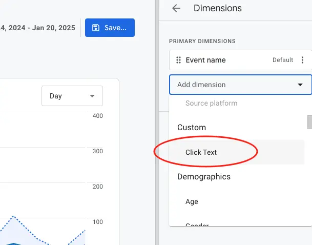 Screenshot of Google Analytics with a custom event of "Click Text"