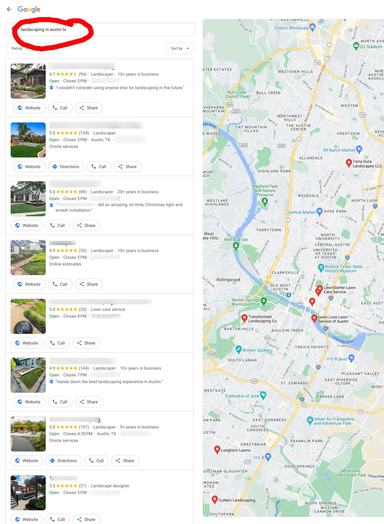 Example of local search results showing on Google's Map Pack or Local Pack