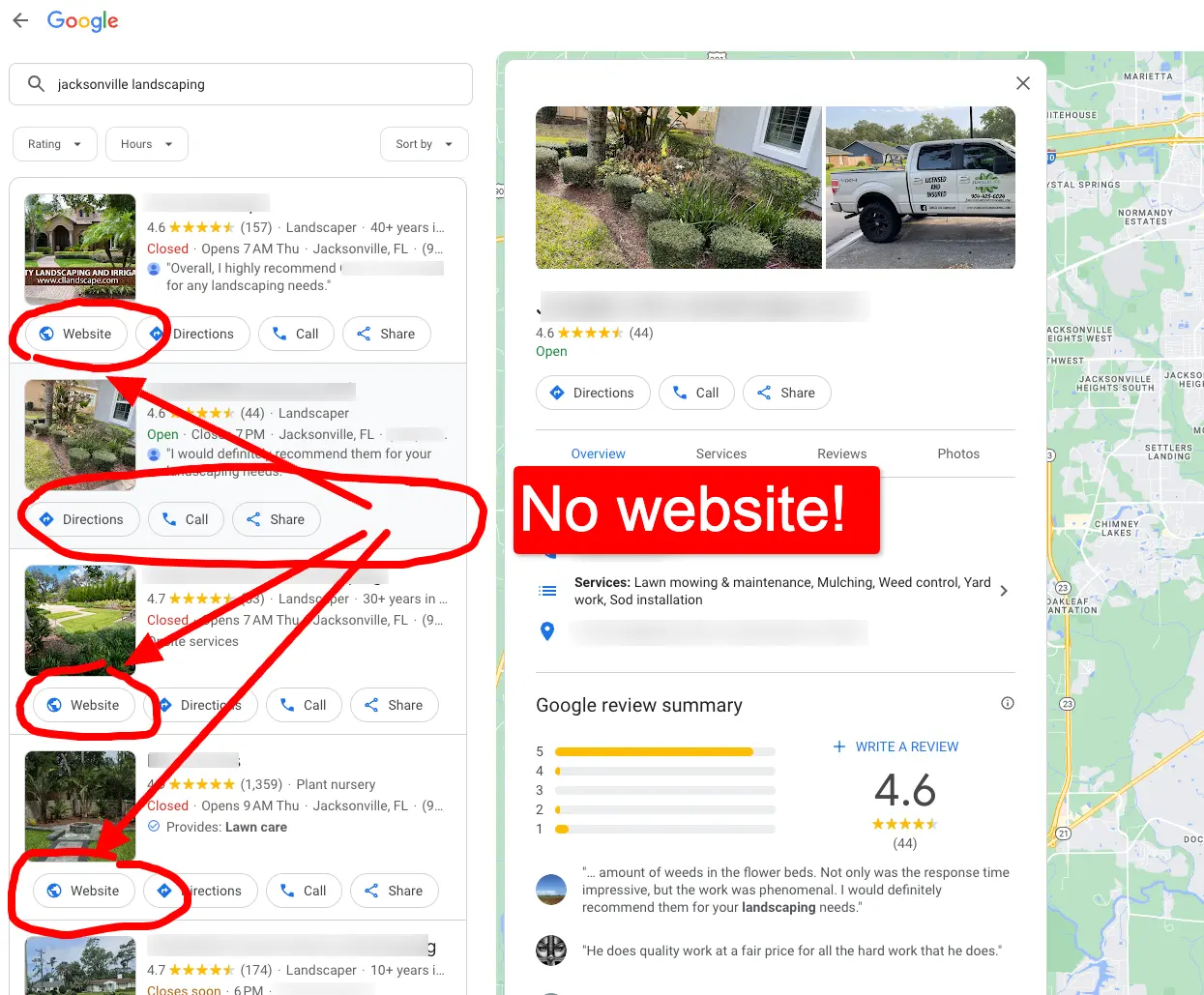 screenshot of Google Map pack result showing no website for the 2nd ranked Business Profile