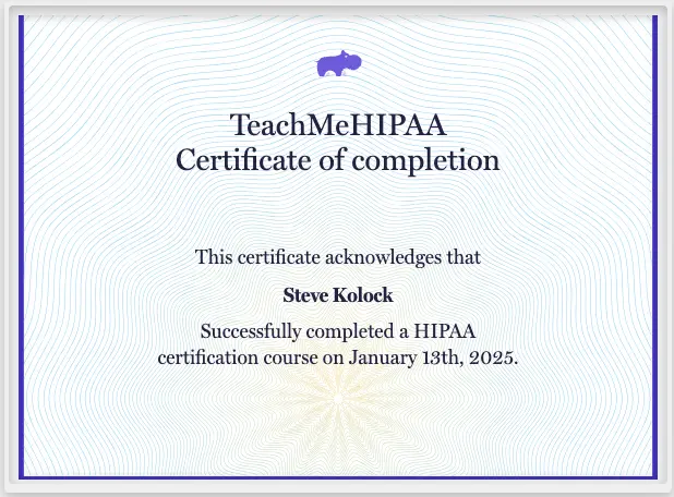 Certificate of HIPAA compliance course completion