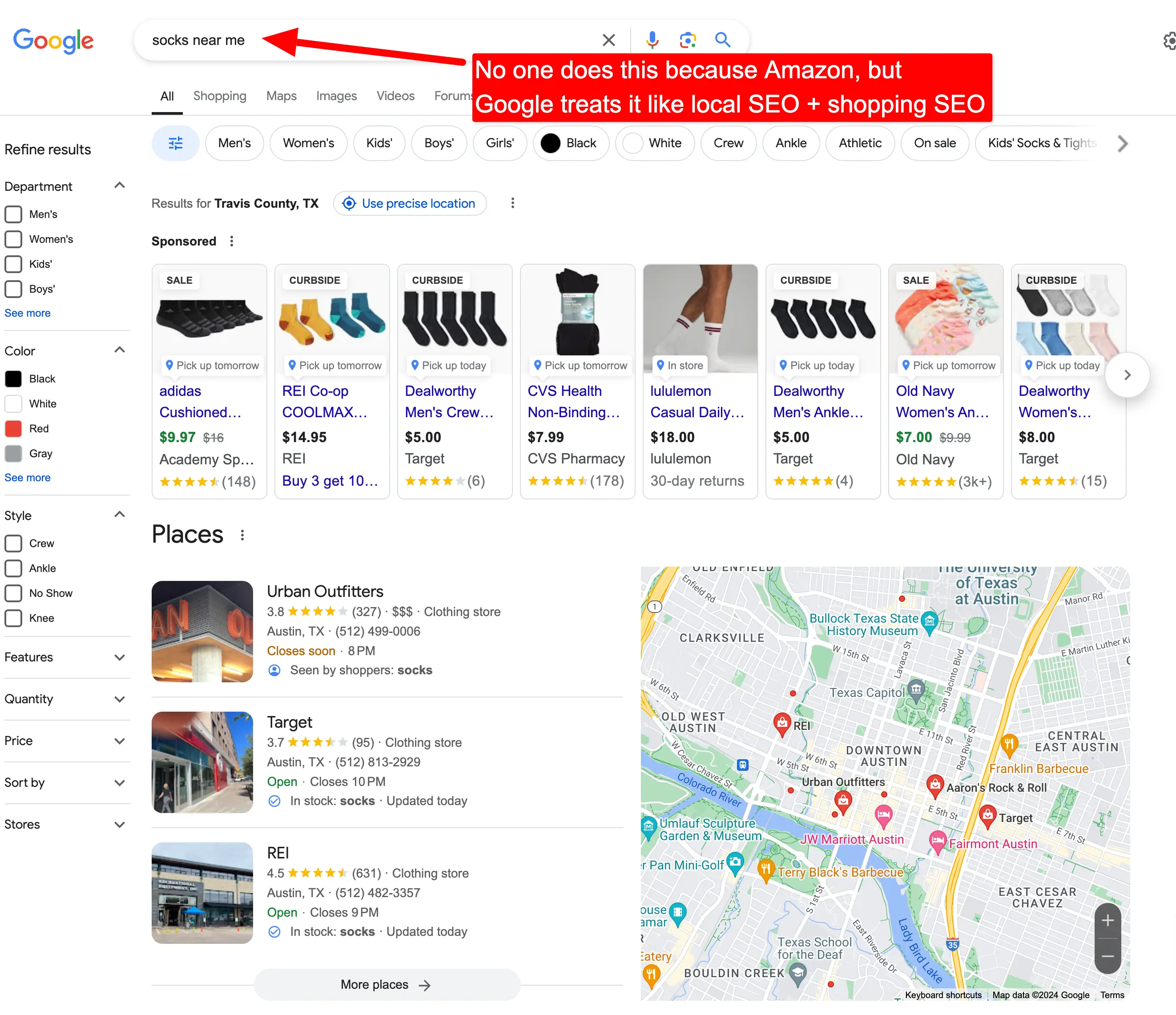 Socks near me Google Search results: a combination of Local SEO and Shopping SEO