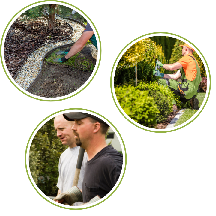 Three circles with SMB landscaper portraits in 2, a hand pressing tablet of marketing data in the third